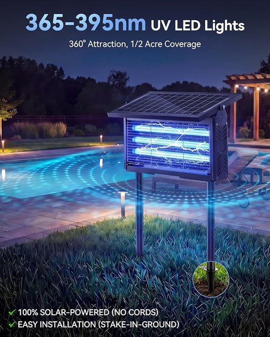 Solar Bug Zapper Outdoor, Mosquito Zapper Waterproof Electric Fly Zapper Rechargeable Mosquito Killer, Cordless Fly Insect Trap for Yard, Patio, Home, Garden, Camping