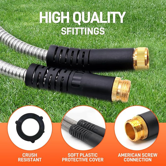 Besiter Garden Hose 75FT Stainless Steel Water Hose with 10 Functions Adjustable Spray Nozzle, Heavy-Duty Metal Garden Hose Flexible Durable No-Tangle & Kink Leak Dog Proof Hose for Yard Lawn(Orange)