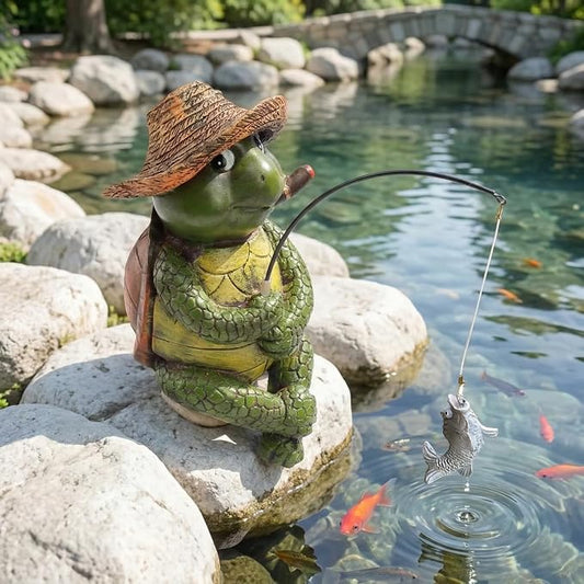 9.5" Turtle Fishing Sculptures & Statues, Whimsical Yard Art, Funny Pond Fisherman, Cute Outdoor Ornament, Unique Gift for Turtle Fishing Lovers