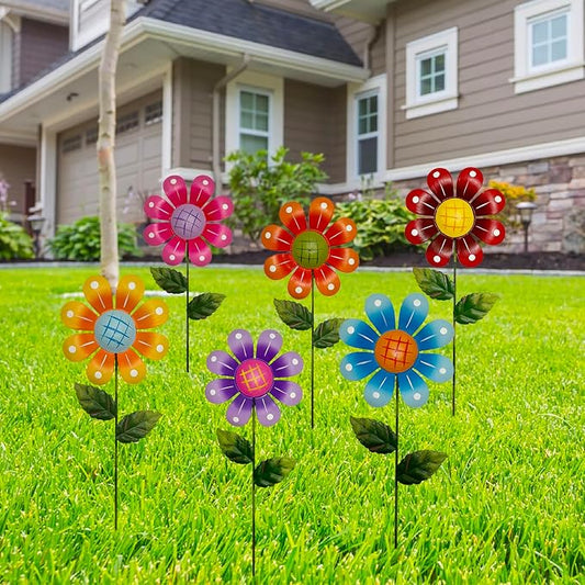 Metal Garden Flower Stakes, 16.5 Inch Decorative Outdoor Stakes with Colorful Flower Heads, 6 Pack Garden Yard Art Decor