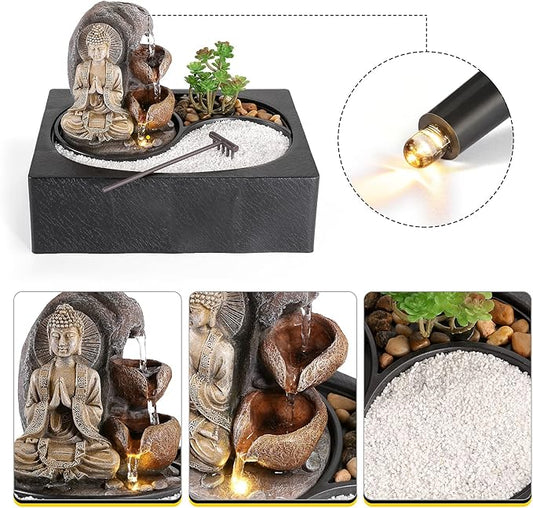 Dyna-Living Indoor Water Fountains Tabletop Water Fountain with Warm Light | Zen Water Fountain Buddha Waterfall for Relaxation, Desk Zen Waterfall Feature for Home & Office Feng Shui Decor, Quiet Pump