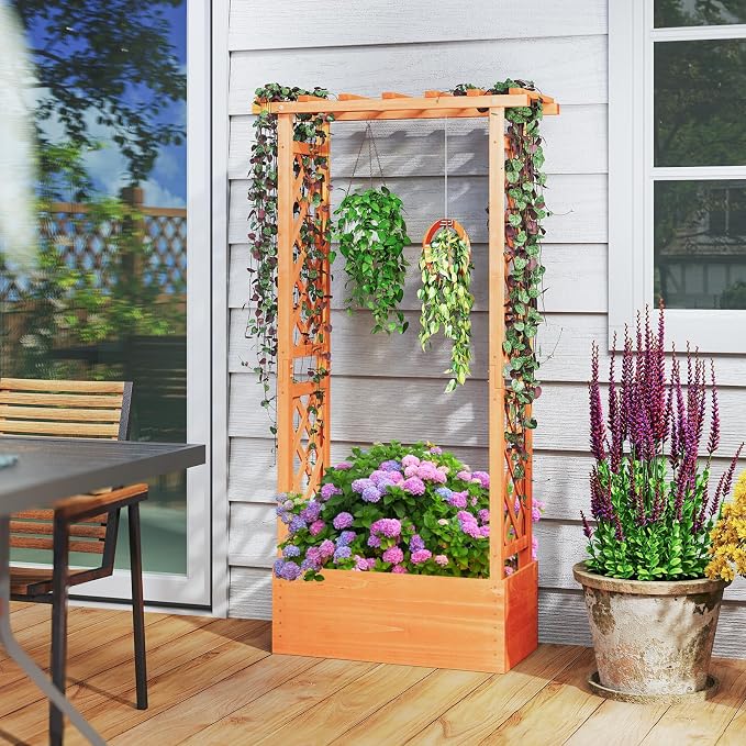 S AFSTAR Raised Garden Bed with Trellis, Wood Planter Box with Hanging Roof & Drainage Holes for Climbing Plants, Vines, Flowers & Vegetables, Indoor Outdoor Plant Container for Patio & Yard
