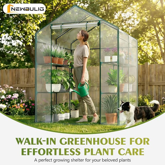 NEWBULIG Walk-in Greenhouse 56.3"x56.3"x76.7" Outdoor, Portable Greenhouse Kit with Thick PVC Cover & Roll-Up Zipper Door, Sturdy Steel Frame for Backyard, Patio, Garden, Clear