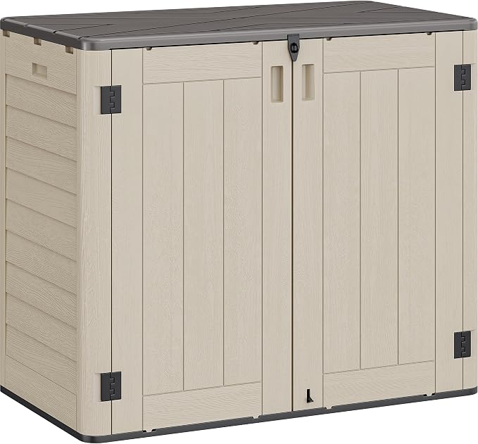 YITAHOME 30 cuft Outdoor Storage Shed w/o Shelf, Horizontal Storage Cabinet for Garden Tool, Waterproof Storage Shed Plastic for Garage, Resin Pool Storage, Easy to Assemble, Khaki & Brown
