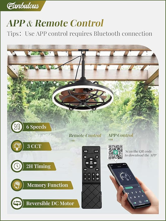 Fanbulous Outdoor Ceiling Fans with Light for Patios, 20" Weatherproof Plug in Ceiling Fan, Gazebo Fan Remote&APP Control, 3CCT Dimmable,Caged Ceiling Fan with Hanging Hook for Porch, Pergola,Canopy