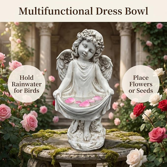 21" Tall Weathered White Angel Cherub Garden Statue, Resin Vintage Dress Sculpture Figurine, All Weather Indoor Outdoor Decor for Yard Lawn Patio Backyard Memorial