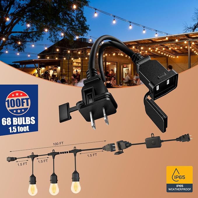 SUFEIMAS LED-Outdoor-String-Lights-Patio-Light-Outside 100FT Waterproof String Light with Remote Dimmer Outdoor Lighting with 68 Plastic Bulbs Hanging Lights for Porch Garden Backyard,1.5 FT Spacing