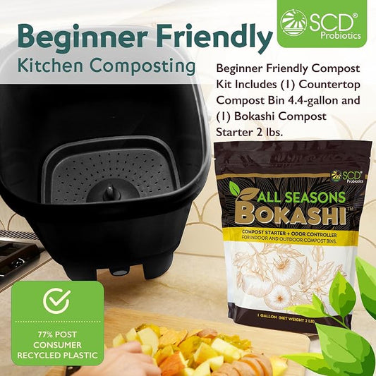 All Seasons Indoor Composter Starter Kit โ 4.4 Gallon Black Organko Compost Bin for Kitchen Countertop with Scoop, Cup, Presser & 2 lbs. (1 Gallon) of Bokashi, 77% Recycled Plastic by SCD Probiotics