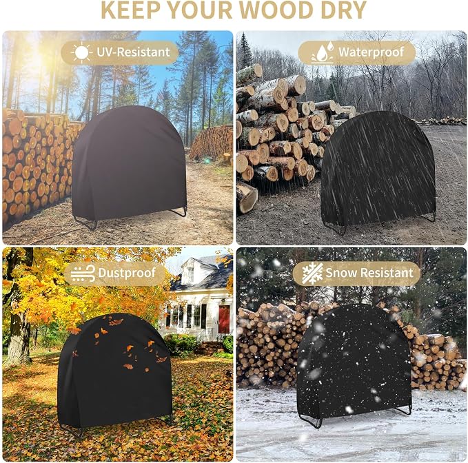 AKEfit 24 Inch Firewood Log Hoop Cover, Heavy Duty 600D Oxford Outdoor Waterproof Round Log Rack Cover with Zipper & 2 Windproof Buckle Straps & Drawstring