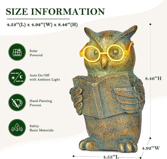Reading Owl Statue with Solar Glasses Bronze Resin Garden Decoration Outdoor Figurine Light for Patio, Yard, Lawn, Housewarming Home Decor Gift for Women