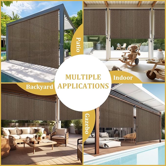 Shade&Beyond Outdoor Roller Shades with Splicing Design, 7' W x 6' H Cordless Patio Roll Up Blinds, Exterior Shade Cloth Roll for Porch, Gazebo, Pergola, Balcony, Mocha