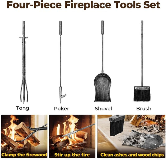 AMAGABELI GARDEN & HOME Firewood Rack Indoor with Tools 5-Piece Fireplace Tools Set Wood Holder Wrought Iron Log Holder Firewood Storage Rack for Fireplace,Fire Pit,Wood Stove Antique Silver