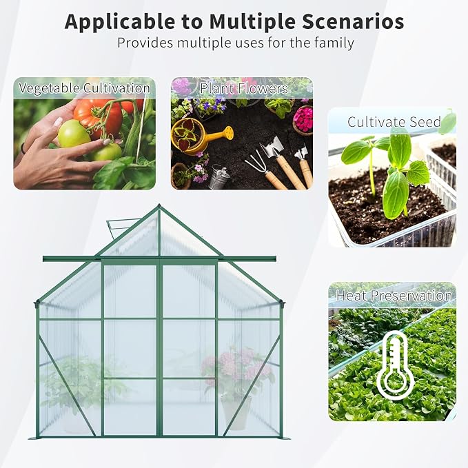 8x6 FT Greenhouse, Walk-in Polycarbonate Greenhouses with Double Sliding Doors, Aluminum Frame, Adjustable Roof Vent, Raised Base & Anchor, Outdoor Backyard Greenhouse for All Seasons, Green