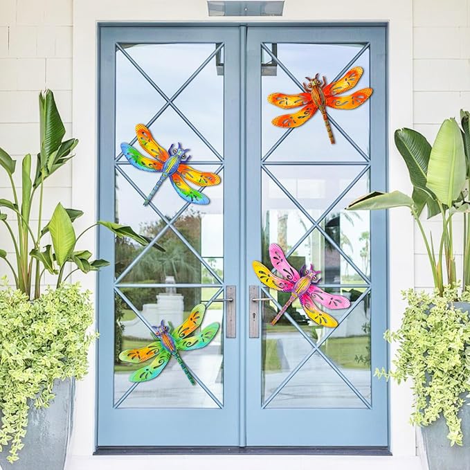 Metal Dragonfly Wall Decor, 4Pcs Dragonfly Iron Wall Art Sculptures Hanging Sculpture Decoration.Outdoor Fence Art 13.58 * 9.45 Inch for Home Garden, Fence, Patio, Yard, Bedroom Outside Gifts for Adults