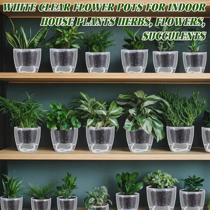 18pcs Self Watering Pots 3.5inch Plastic Flower Plant Pot with Inner Pot Self Watering Wick Planter White Clear Flower Pots for Indoor House Plants Herbs, Flowers, Succulents(Transparent)