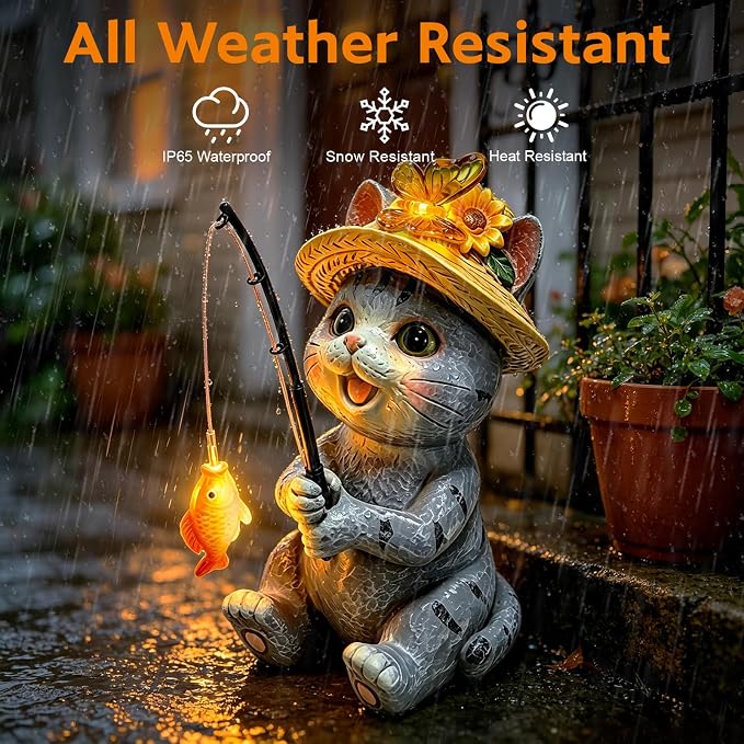VOOKRY Solar Garden Cat Statues, Outdoor Fishing Cat with Solar Lights Waterproof, Birthday Gifts for Cat Lovers Mom Women Christmas, Garden Figurines for Yard Decor Patio Porch Lawn Ornaments