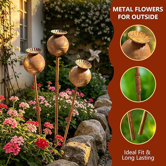 3 PCS Metal Flowers for Outside,23 Inch Large Garden Stakes Decorative,Flower Bed Decor Plant Stakes, Garden Statues Outdoor Clearance, Metal Yard Art Outdoor, Plant Decorations for Pots