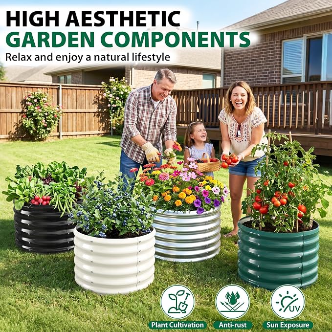 24" Diameter Round Raised Garden Bed - 17 Inch Tall, Heavy-Duty Galvanized Steel Planter Box with Wave-Shaped Panels for Vegetables, Herbs & Flowers (1, Silver, 24 Inch Diameter)