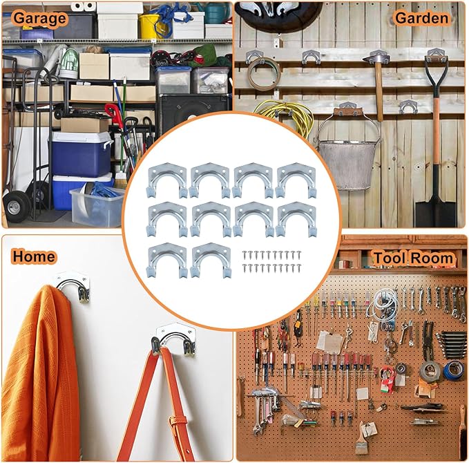 10 Pack Hanger Hooks Set with Screws, Wall Mounted Tool Hangers Garage Storage Hooks for Garage Shed Hanging Bracket Garden Tools