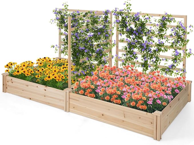 S AFSTAR Raised Garden Bed with 3 Trellis & 2 Planter Boxes, Outdoor Wooden 88" L x 45" W x 43" H Planter Box Kit for Flower Herb Vegetable Fruit Climbing Vines, Gardening Planter for Garden Patio
