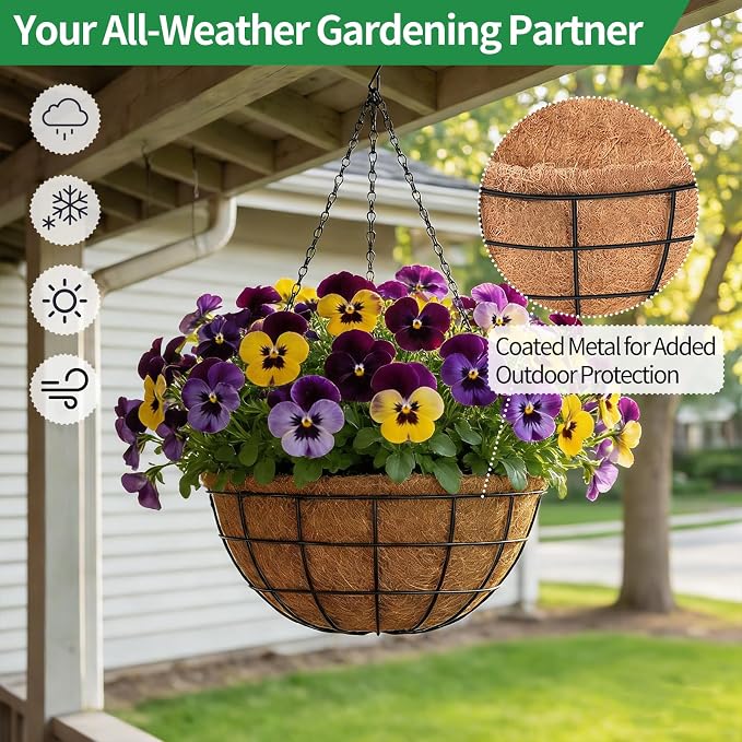 14 Inch Hanging Baskets for Plants Outdoor, 2 Pack Metal Round Wire Hanging Planters with Natural Thick Coco Liners, Garden Patio Decor for Flowers, Herbs, Succulents