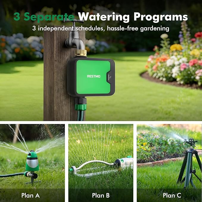 RESTMO Smart WiFi Water Timer for Garden Hose, Sprinkler Timer with APP Control & Brass Inlet, Rain Delay/Manual/Automatic Watering System, Quantity or Timed Irrigation Modes for Misting, Garden