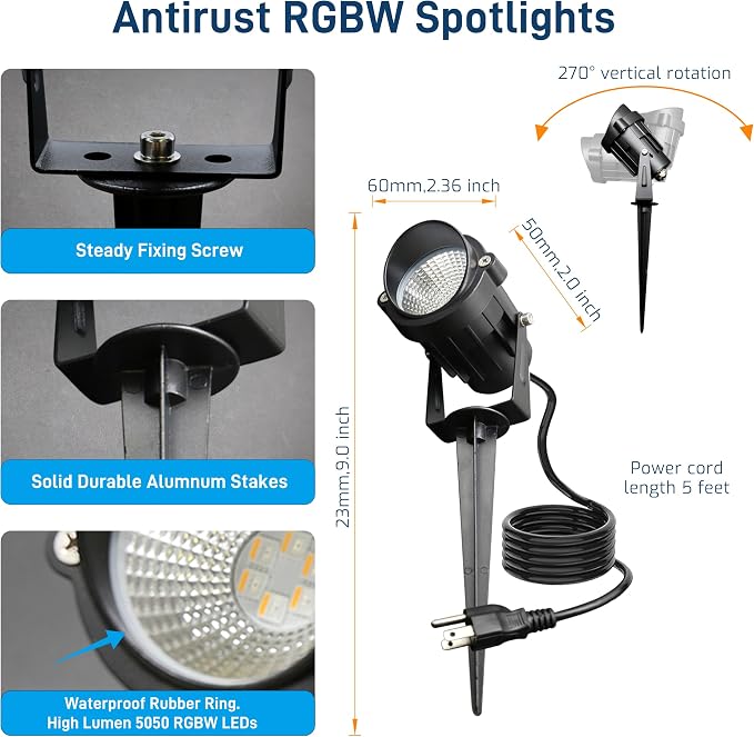12W RGBW Landscape Spotlights, Color Changing Lights with Remote | 16 colors with warm white, waterproof memory recall and plug-in setup for vibrant year-round landscape lighting