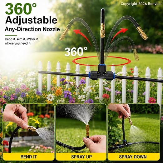 120Ft 1/4" Drip Irrigation System, 360° Adjustable Brass Nozzles, Save 80% Watering Garden Kit, DIY Tool-Free Quick Connect Sprinklers for Outdoor Plants, Landscape, Raised & Flower Beds, Greenhouse