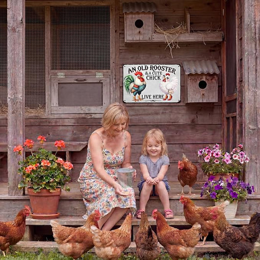 Chicken Lover Gift Idea - Humorous Metal Coop Sign, Farm Animal Tin Art for Home, Kitchen, Garden, 8x12 Inch Vintage Style Decorative Plaque with Holes