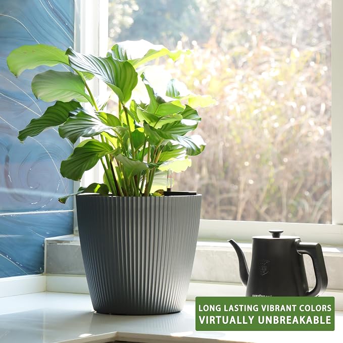 Dexceder 11x10 Self Watering Planters Indoor (2 Pack, Gray) | Inner Mat Design, Table Flower Plant Pot with Water Level Indicator
