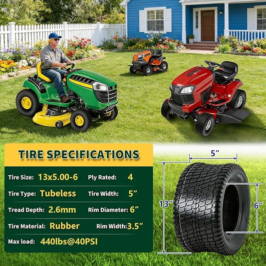 GarveeLife 13x5.00-6 Lawn Mower Tires (Set of 2) - 13x5.00x6 4-Ply Tubeless Garden Tractor Turf Tires, 440 LB Load Capacity, 40 PSI, for Mowers & Yard Carts