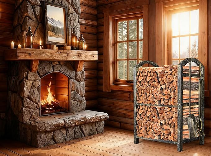 AMAGABELI GARDEN & HOME Firewood Rack Indoor with Tools 5-Piece Fireplace Tools Set Wood Holder Outdoor Wrought Iron Log Holder Firewood Storage Rack for Fireplace,Fire Pit,Wood Stove Bronze