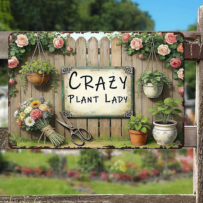 PEACHGARDEN Garden Signs Gardening Wall Decor For Woman Gift Crazy Plant Lady Metal Sign Wall Art Decor For Garden Yard Patio Plant Room Greenhouse 8x12 inch