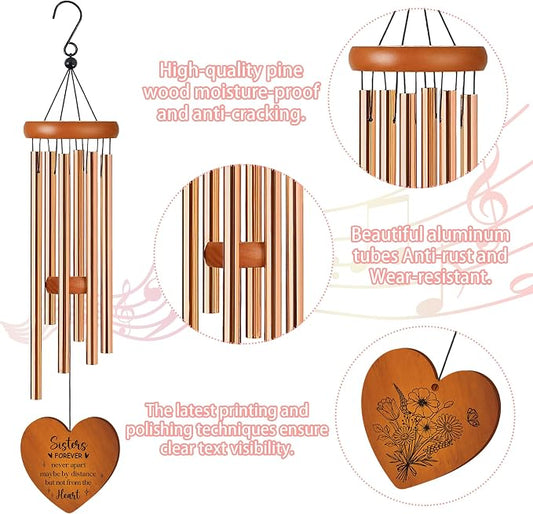 Sister Gift, Sisters Forever Quote Wind Chimes for Outside, Floral Heart Design Windchime for Home Garden Patio Yard Decor