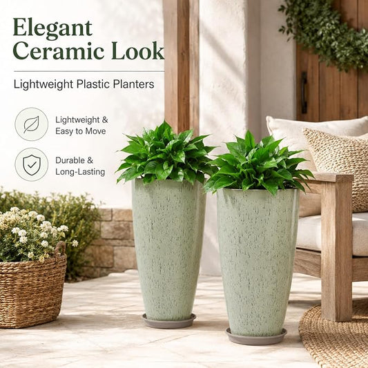 Neoaider Set of 2 Tall Planter, 21 inch Large Plastic Planter, Drip Glaze | Ceramic-Look, Lightweight, Built-in Drain Hole, Saucers, Tall Outdoor Planter for Porch, Garden, Patio, Balcony