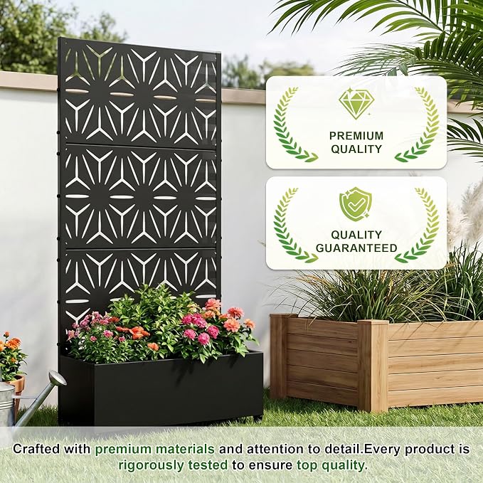 Casaphoria Metal Raised Garden Bed with Trellis and Wheels, 72"x35"x16" Planter Box for Climbing Plants, Vegetables & Vines, Features Drainage Holes and Privacy Screen (Black-Star)