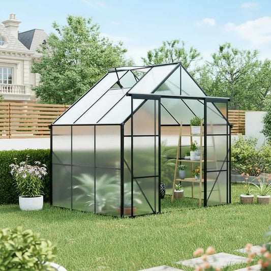 8x6 FT Greenhouse, Walk-in Polycarbonate Greenhouses with Double Sliding Doors, Aluminum Frame, Adjustable Roof Vent, Raised Base & Anchor, Outdoor Backyard Greenhouse for All Seasons, Black