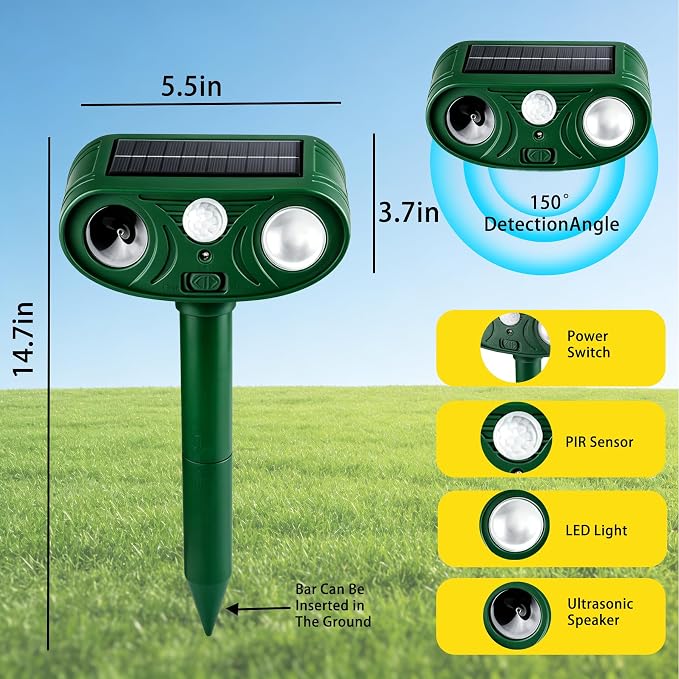 2026 New Intelligent Solar-Powered Ultrasonic Animal Deterrent – Motion Sensor + Strobe Flashing Lights – Waterproof Outdoor Repeller for Deer, Cats, Rabbits, Squirrels, Dogs, Raccoons & Skunks (4)