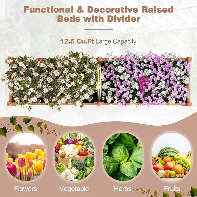 Giantex Wood Raised Garden Bed, Planting Bed with Corner Drainage, Non-Woven Liner for Growing Vegetables, Flowers, Herbs, Fruits, 89”x23.5”x16” Divisible Planter Box for Backyard, Garden, Lawn
