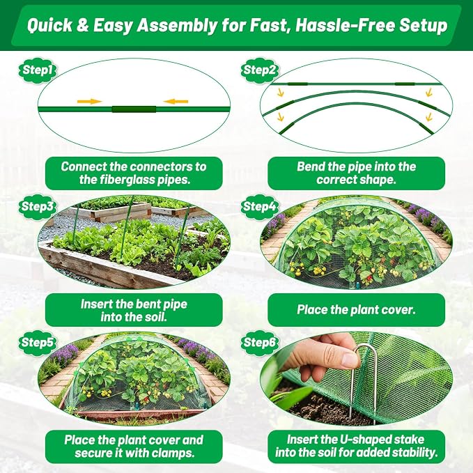 Cludoo Garden Mesh Netting Kit,7 Sets Wide Garden Hoops with 10x30 ft Garden Covers Bird Netting& 12 Clips, Garden Protection for Raised Beds Greenhouse Vegetable Plants Flowers Green