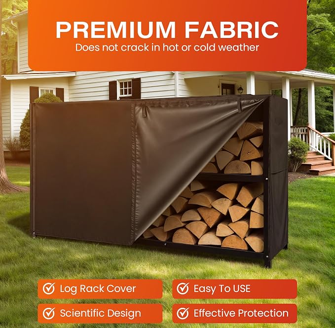 6ft Waterproof Firewood Rack Cover - Heavy Duty Black 600D Oxford Fabric - Indoor Or Outdoor Firewood Log Cover with Zipper & Adhesive Closing Strips - Rack NOT Included - Black