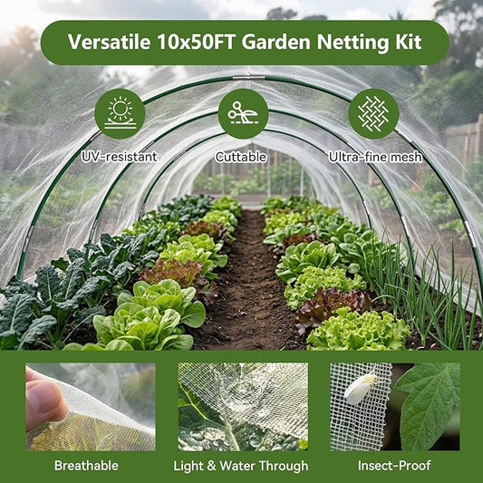 Garden Netting Kit for Raised Beds, 10x50FT Ultra Fine Mesh Netting& 6 Sets of 8FT Fiberglass Garden Hoops, Row Cover Insect Netting for Vegetable Plant Fruit Flowers Protection