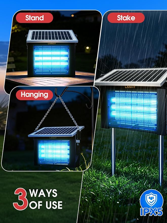LANGY Solar Bug Zapper Outdoor, Upgrade 3-Tube 365nm Solar Mosquito Zapper Outdoor, 5000mAh Rechargeable 4500V Electric Fly Zapper Mosquitos Trap w 16.4ft Cord Auto On/Off for Yard Patio Camping