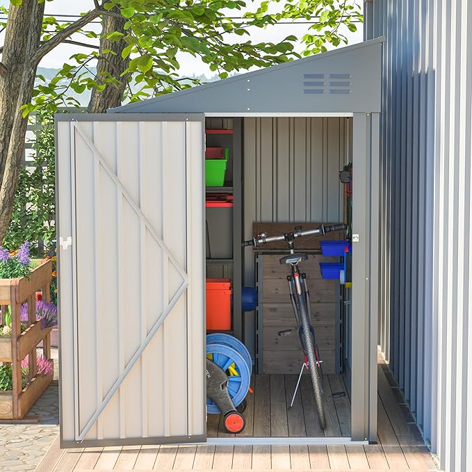 YOPTO 4×7 FT Outdoor Metal Storage Shed,Heavy-Duty Lean to Storage Shed with Lockable Door and Reinforced Beams,All Weather Waterproof Storage House W/2 Air Vents,for Backyard,Patio,Lawn,Dark Gray