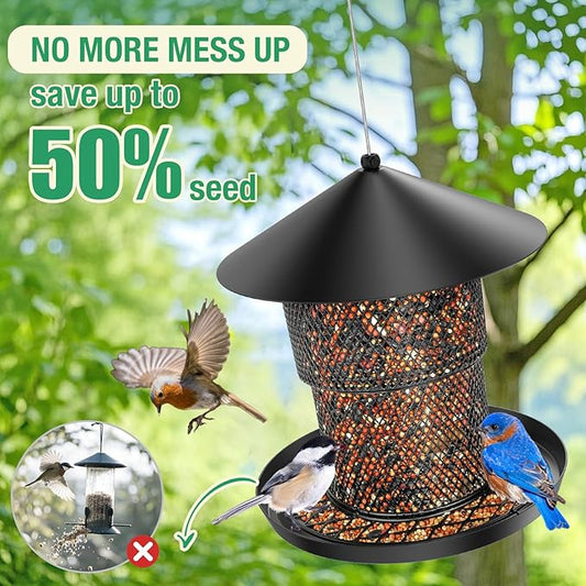 Bird Feeder for Outdoor Hanging, No Mess No Spill and Squirrel Proof Feeder | Squirrel Proof Bird Feeder with Catch Tray - Large Capacity All-Metal for Outside Hanging