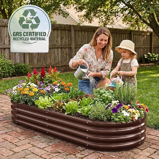 Rakukiri Raised Garden Bed GRS Certified Galvanized Planter Box Outdoor, 8ft Oval Rot-Resistant Metal Garden Bed Planter, Recycled Material Planter for Vegetables Flowers Herbs (Brown)