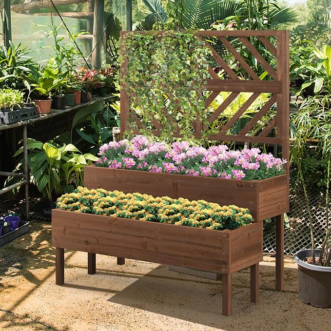 LDAILY Raised Garden Bed with Trellis & 2 Planter Boxes, 2-Tier Wooden Raised Bed with Bottom, Elevated Legs & 10 Drainage Holes, Gardening Planter Box for Flowers/Vegetables/Fruits in Backyard Patio