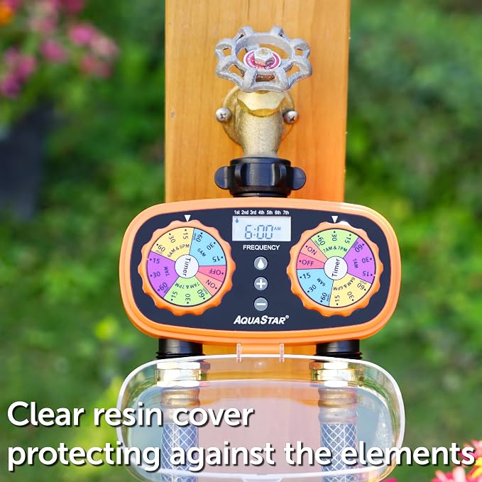 AQUASTAR Two-Zone Hose Watering Timer (Orange), Automatic Irrigation for Lawn, Garden, Yard, Two Outlets