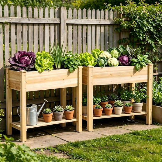 48x24x30.7in Wood Raised Garden Bed with Legs Wooden Planter Box with Storage Shelf Elevated Wood Planter Box for Vegetables Flowers Herbs Garden Planter for Backyard Patio Balcony (Natural, Medium)