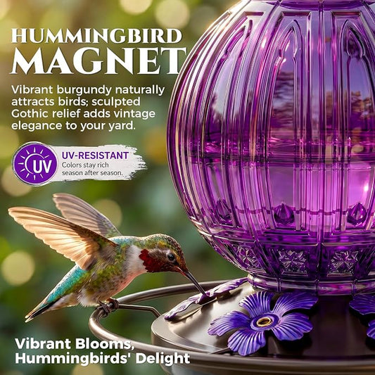 2 Pack Glass Hummingbird Feeder for Outdoors Hanging, Bird Nectar Feeder with Perch & 5 Flower Feeding Ports, 26 Oz Leak Proof for Outside Garden Decor Backyard, Gifts for Women Mom, Purple